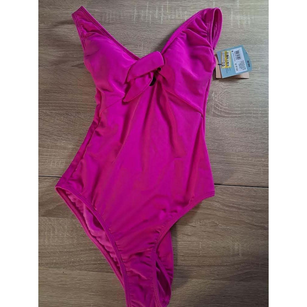 Shade & Shore Pink Tie Front One Piece Swimsuit High Leg Cheeky XS 0-2 NWT